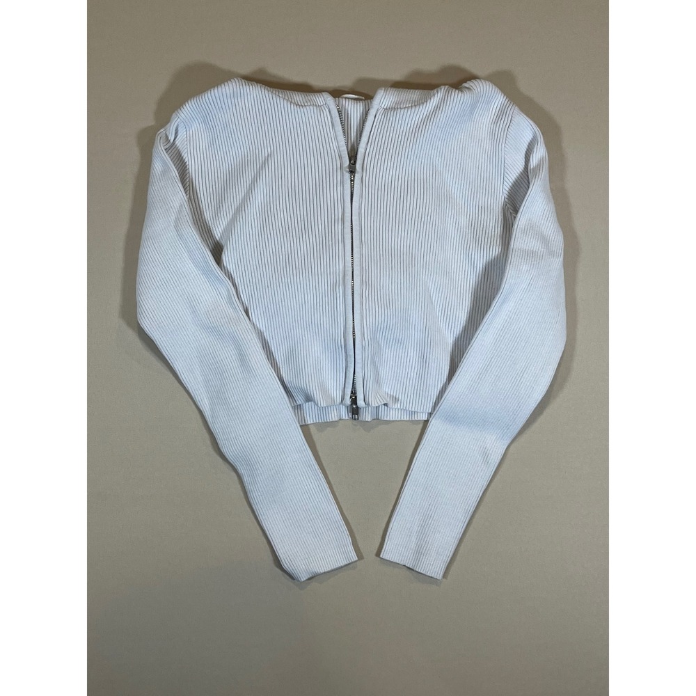 John Galt Brandy Melville Cream Ribbed Knit Cropped Two-Way Zip Up Hoodie OS
